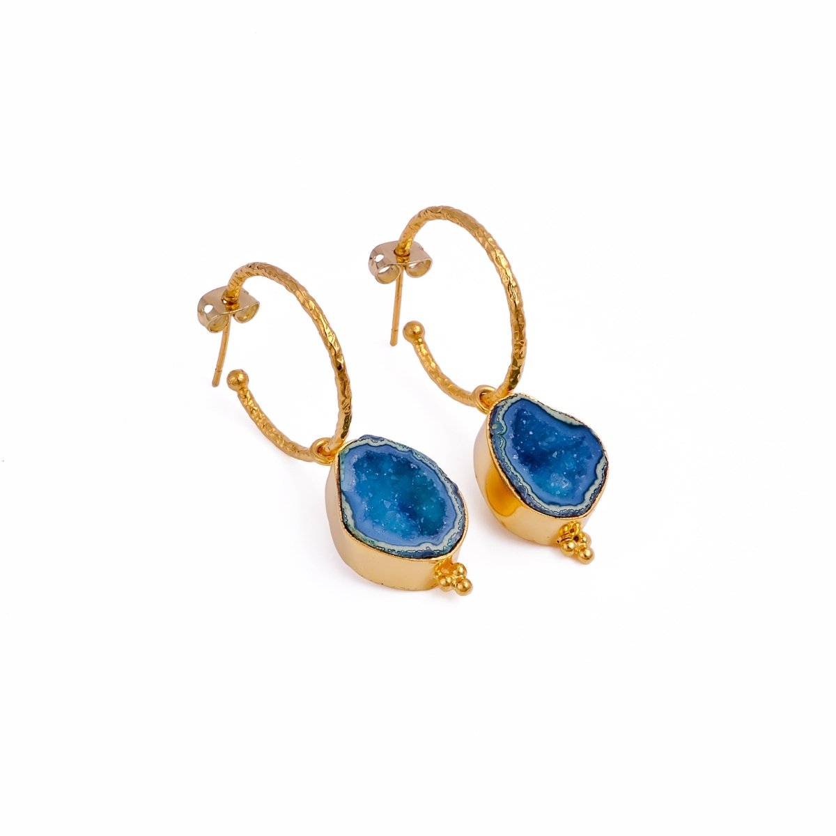 Black Geode Hoop Earring, Hammered Design Gold Plated Jewelry 5065