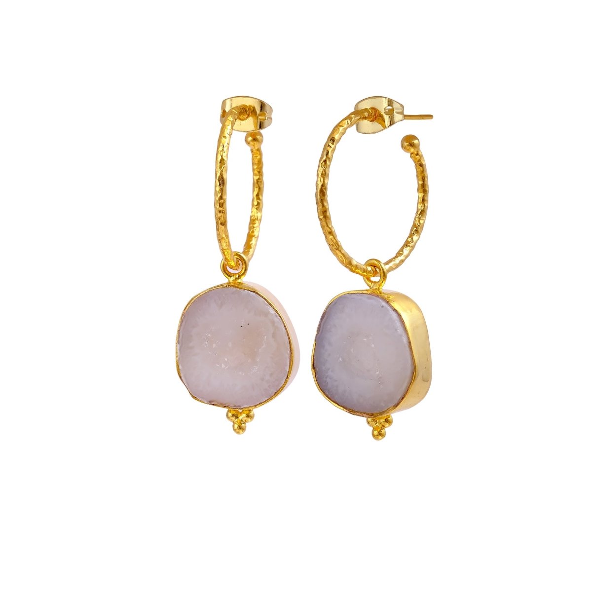 Black Geode Hoop Earring, Hammered Design Gold Plated Jewelry 5065