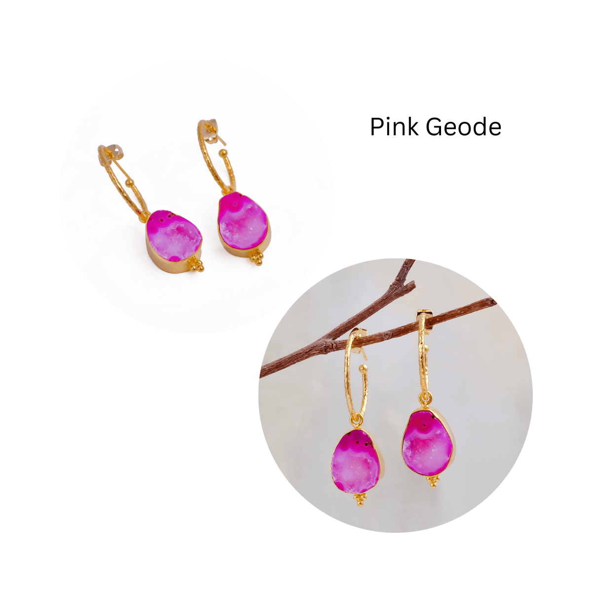 Black Geode Hoop Earring, Hammered Design Gold Plated Jewelry 5065