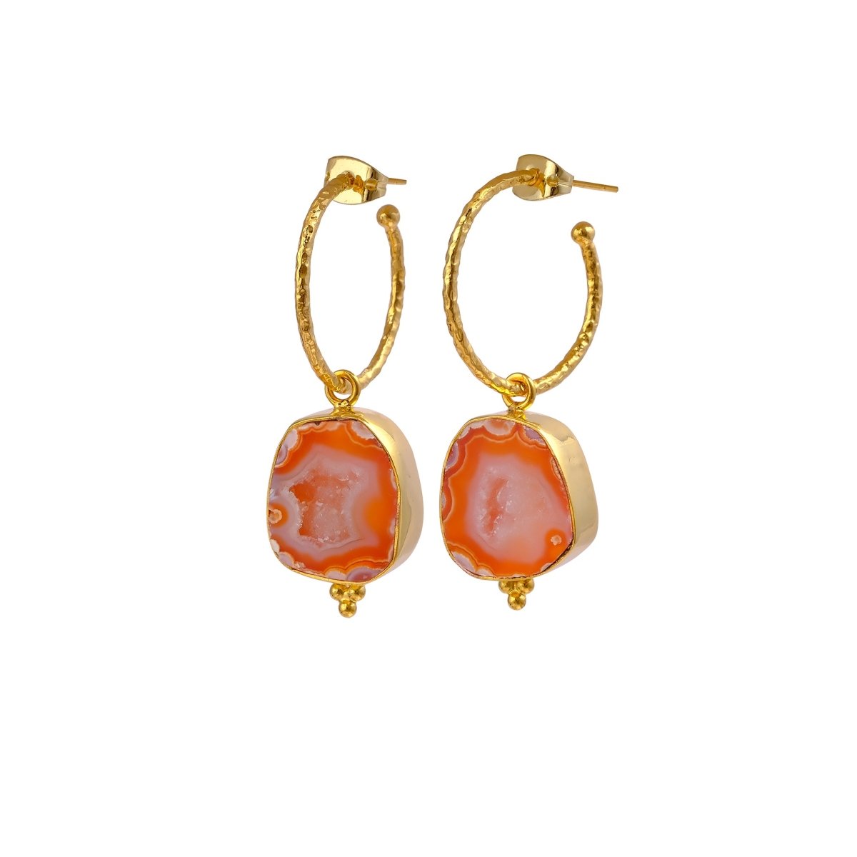Black Geode Hoop Earring, Hammered Design Gold Plated Jewelry 5065