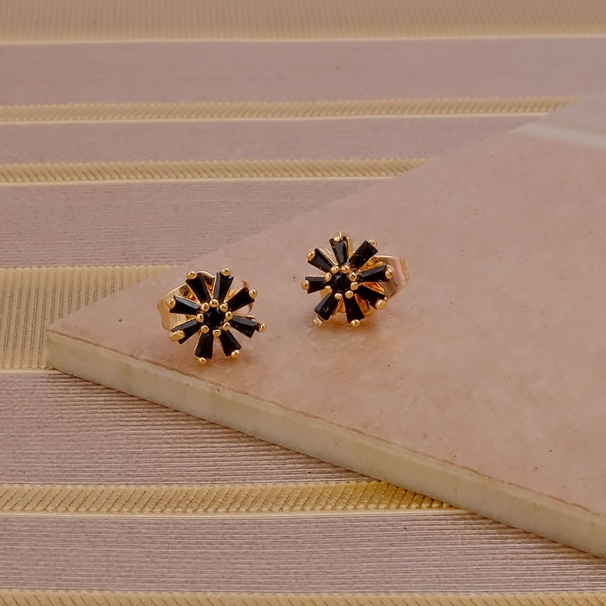 Black Onyx Flower Shape Earrings Everyday Gold Studs
