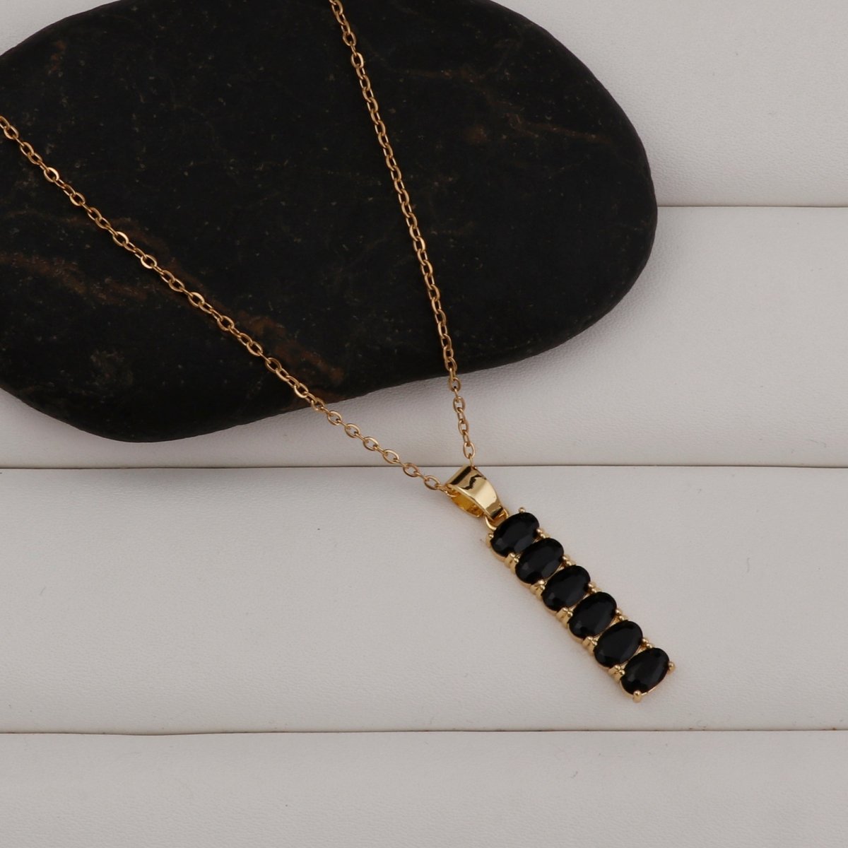 Black Onyx Gemstone Charm Necklace Minimal Bar Pendant Necklace Gold Plated Jewelry For Her