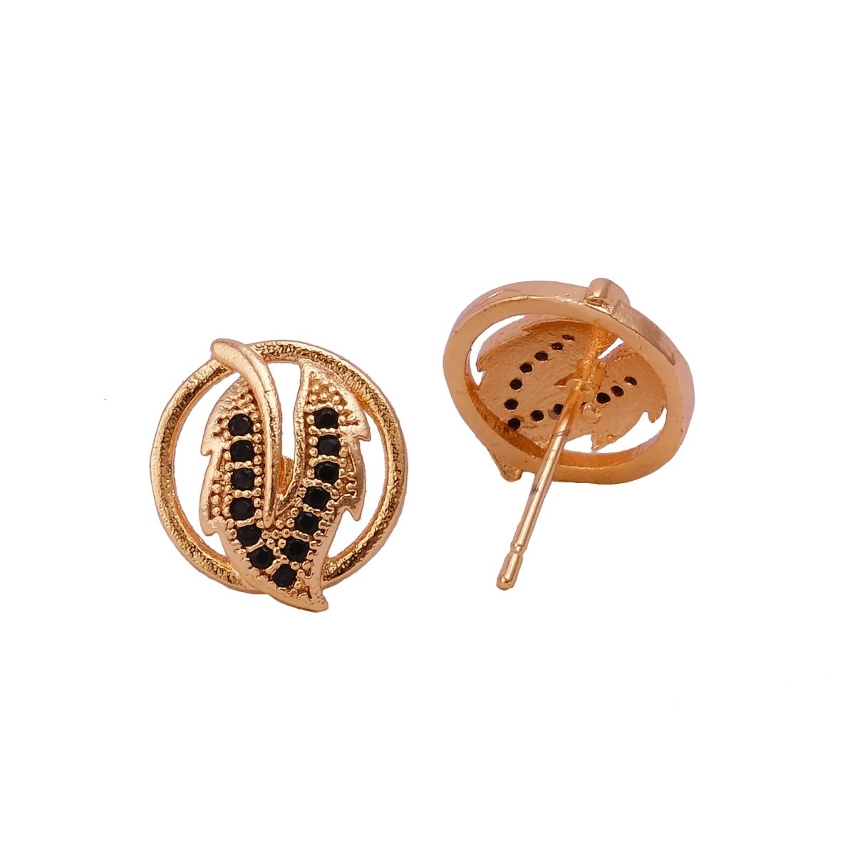 Black Onyx Gemstone Stud Earrings Elegant Leaf Gold Plated Jewelry For Women