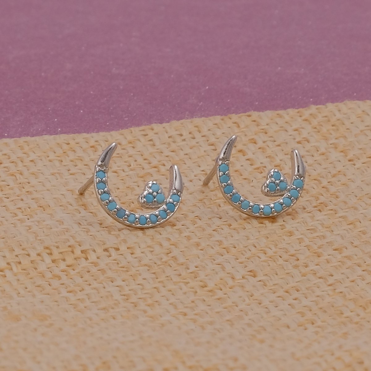 Black Onyx Gemstone Stud Earrings Small Moonlit with Heart Earrings Silver Plated Jewelry