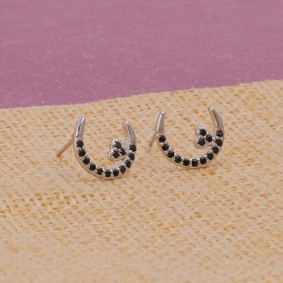 Black Onyx Gemstone Stud Earrings Small Moonlit with Heart Earrings Silver Plated Jewelry