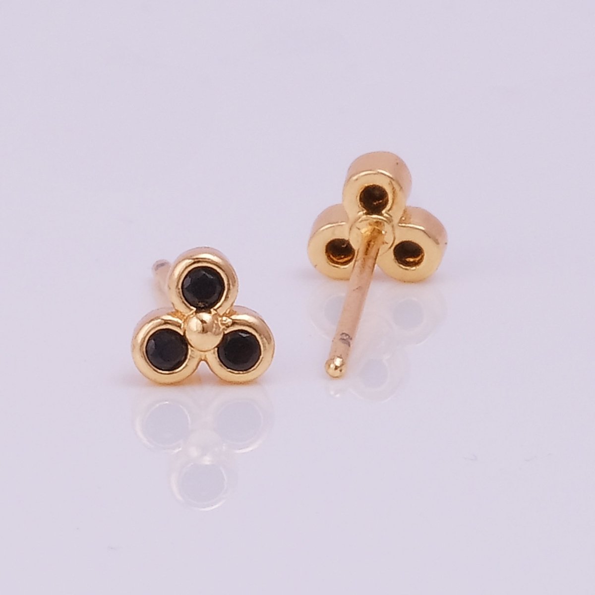 Black Onyx Gemstone Stud Earrings Tiny Three Dot Studs For Kids Gold Plated Jewelry