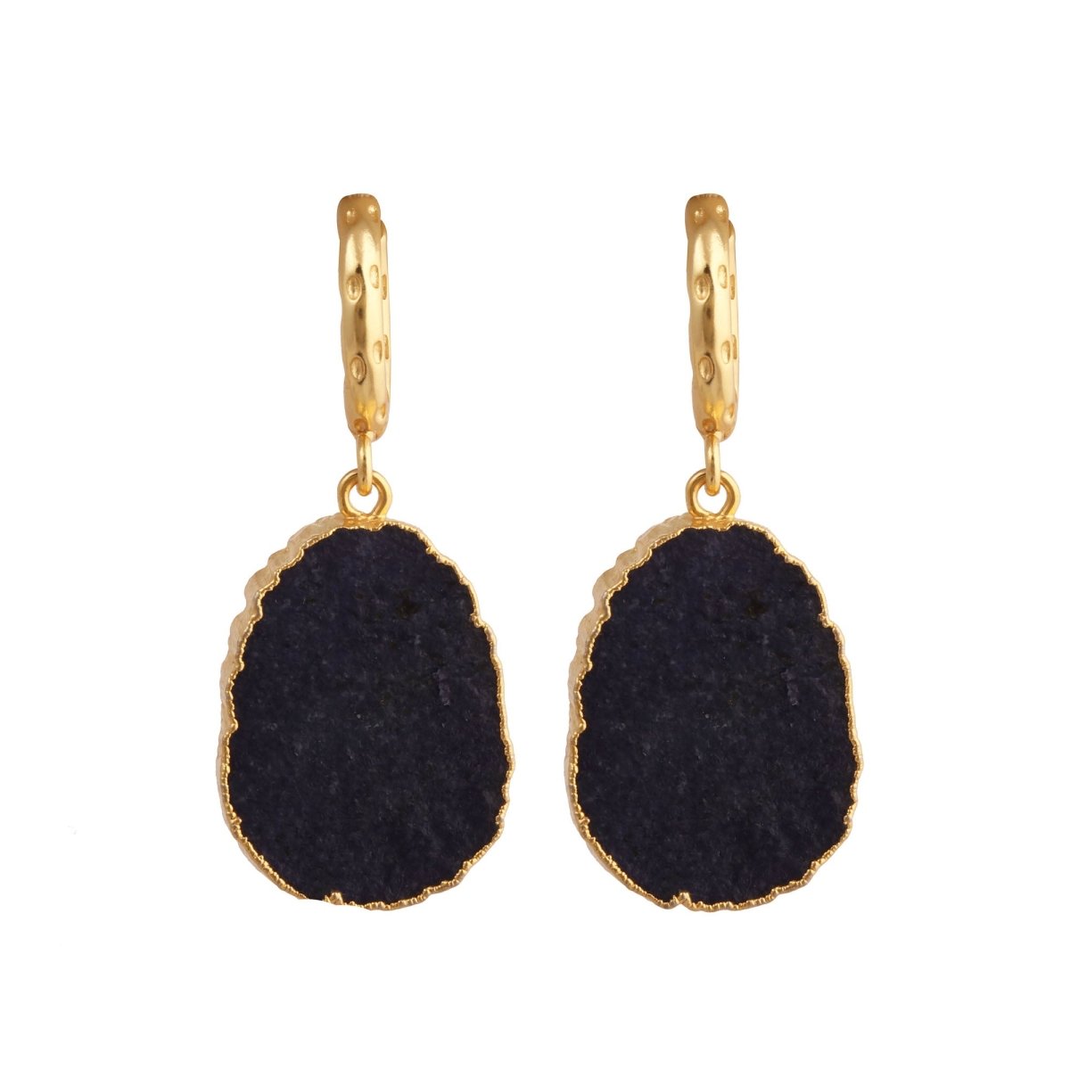 Black Onyx Gold Hoop Earrings Raw Gemstone, Dangle Earrings Gift for Women 5216