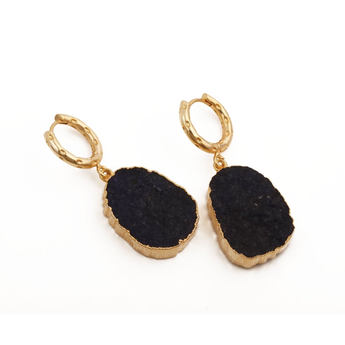 Black Onyx Gold Hoop Earrings Raw Gemstone, Dangle Earrings Gift for Women 5216