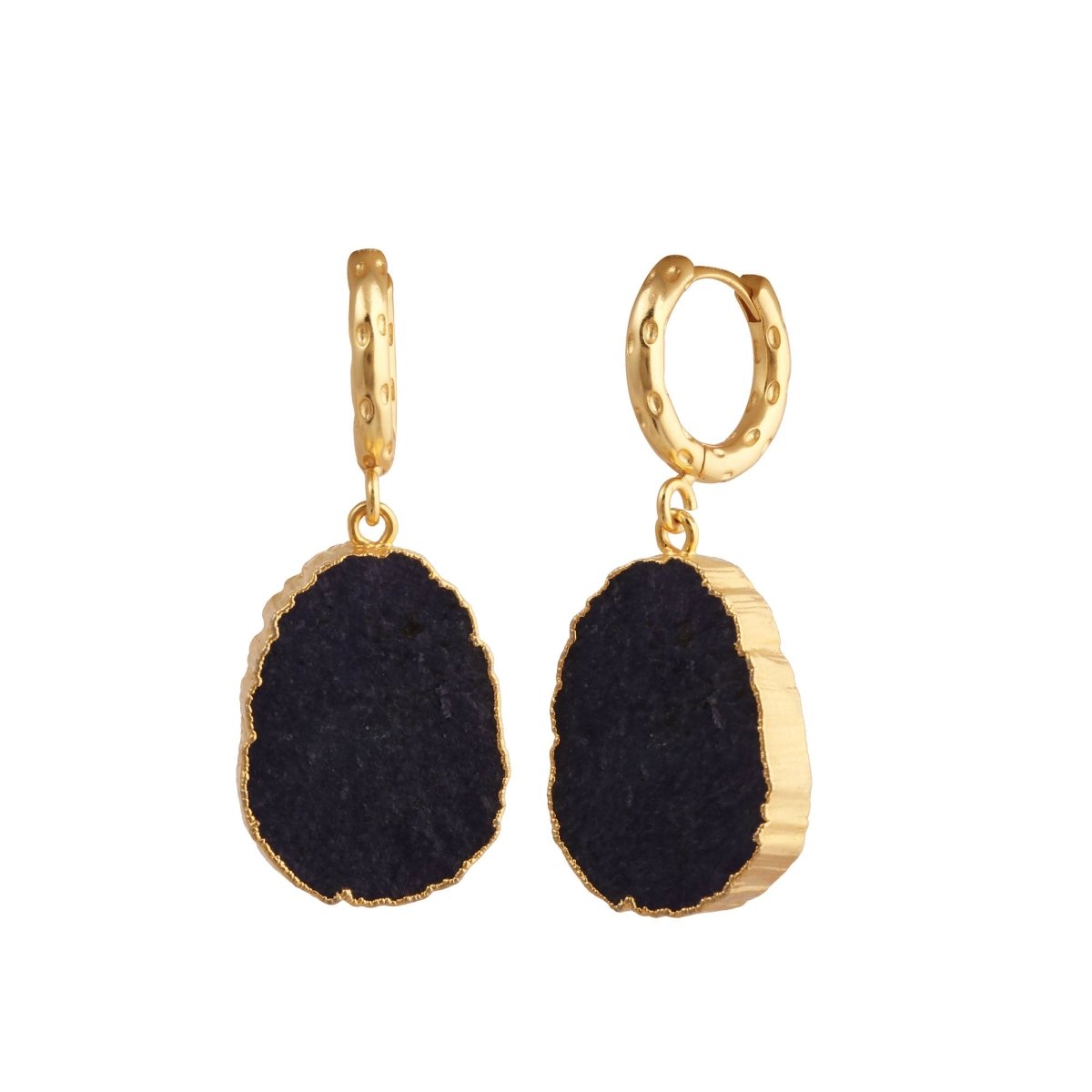 Black Onyx Gold Hoop Earrings Raw Gemstone, Dangle Earrings Gift for Women 5216