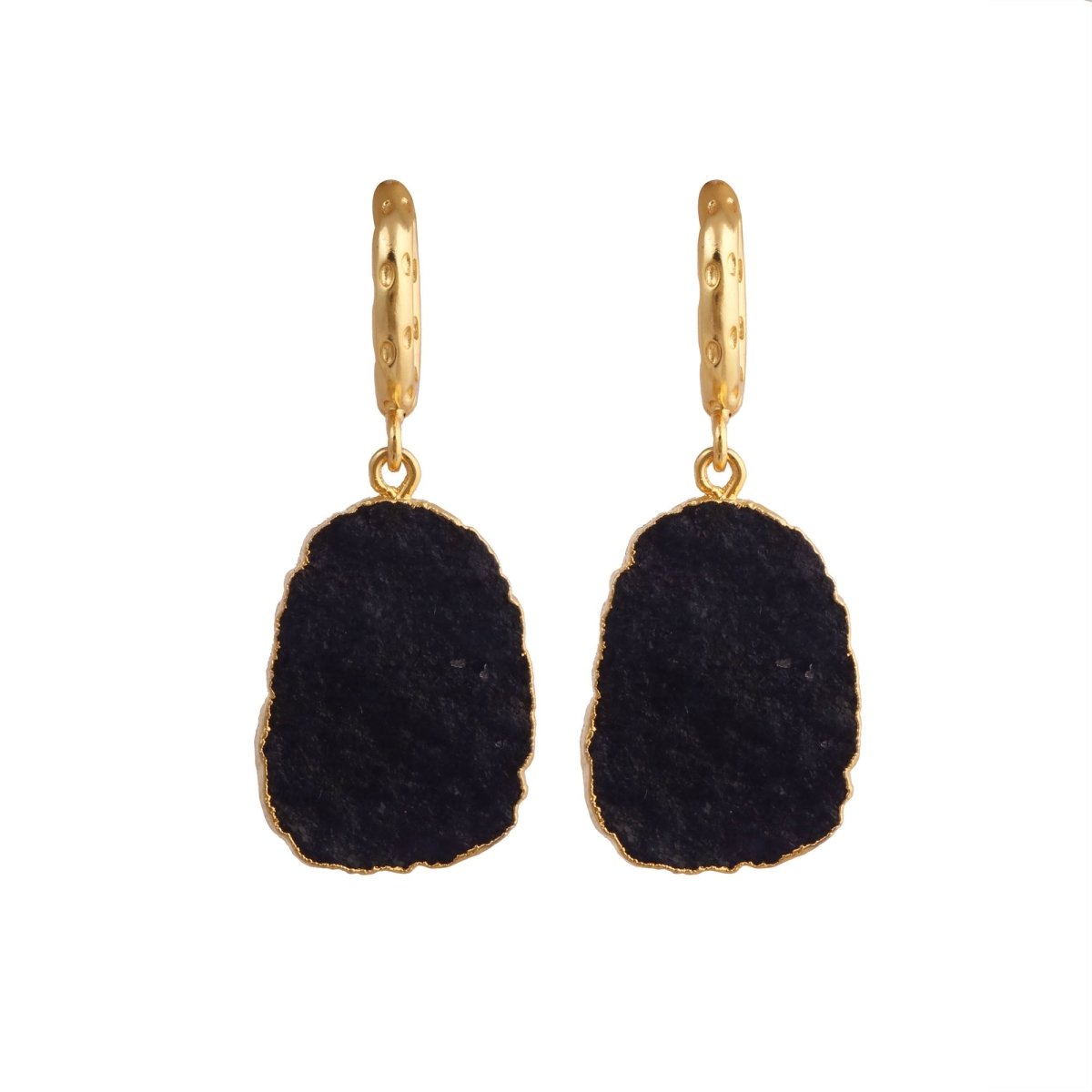 Black Onyx Gold Hoop Earrings Raw Gemstone, Dangle Earrings Gift for Women 5216