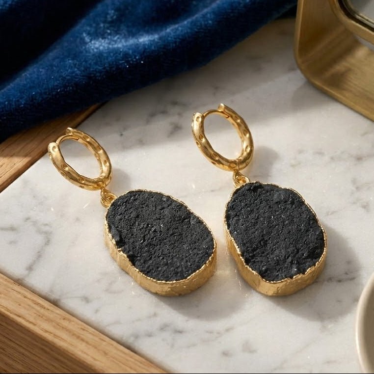 Black Onyx Gold Hoop Earrings Raw Gemstone, Dangle Earrings Gift for Women 5216