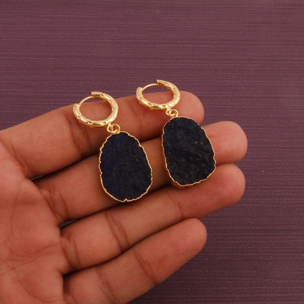 Black Onyx Gold Hoop Earrings Raw Gemstone, Dangle Earrings Gift for Women 5216