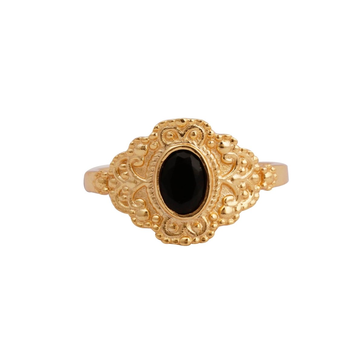 Black Onyx Gold Plated Ring Ornate Boho Statement Ring