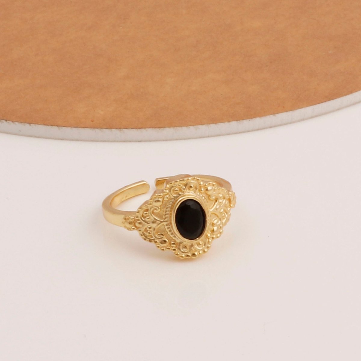 Black Onyx Gold Plated Ring Ornate Boho Statement Ring