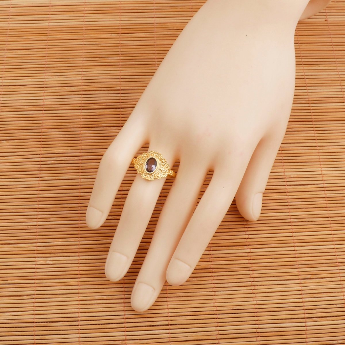 Black Onyx Gold Plated Ring Ornate Boho Statement Ring