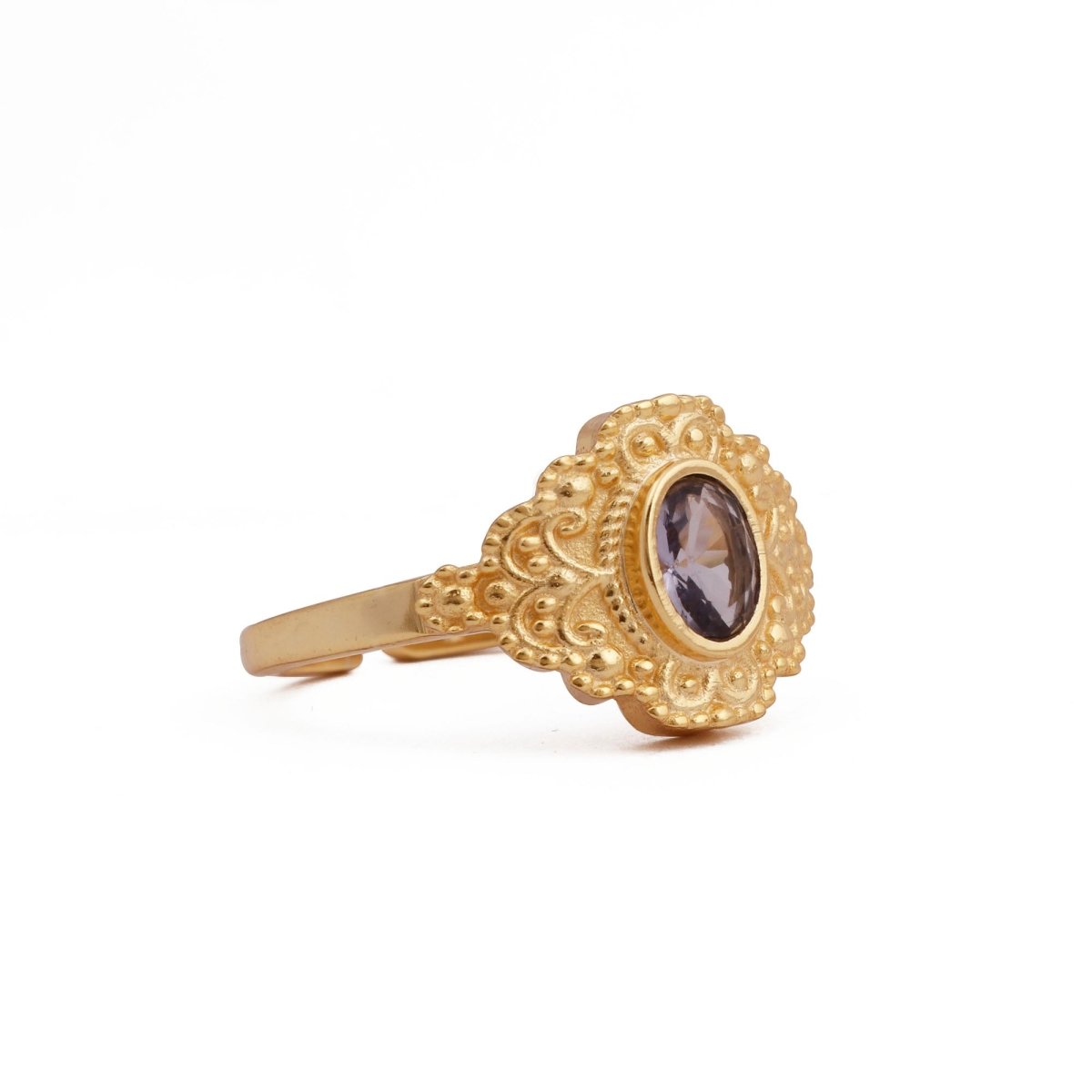 Black Onyx Gold Plated Ring Ornate Boho Statement Ring Pink Amethyst Quartz