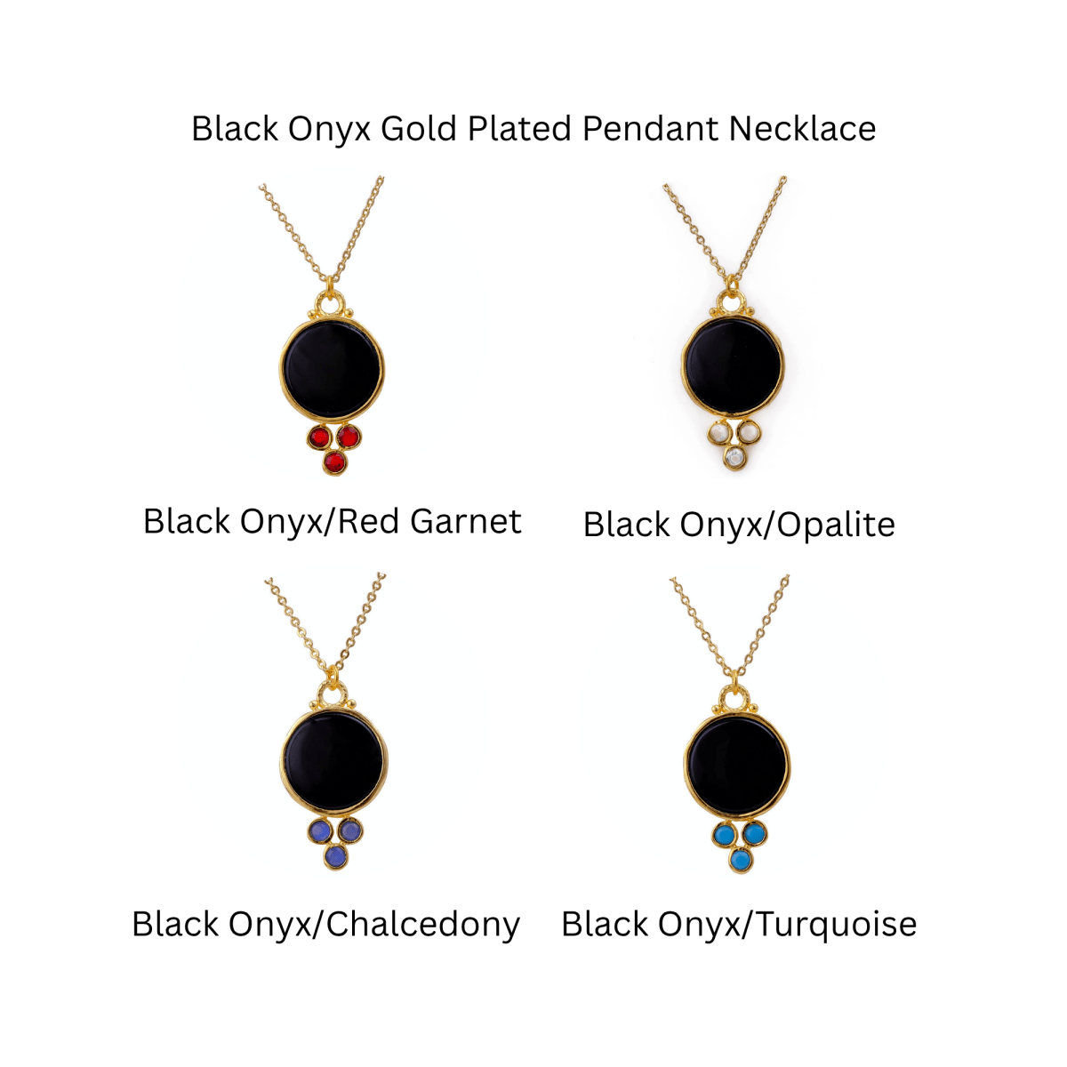 Black Onyx Pendant Gold Plated Dainty Red Garnet Gemstone Charm Necklace 5384