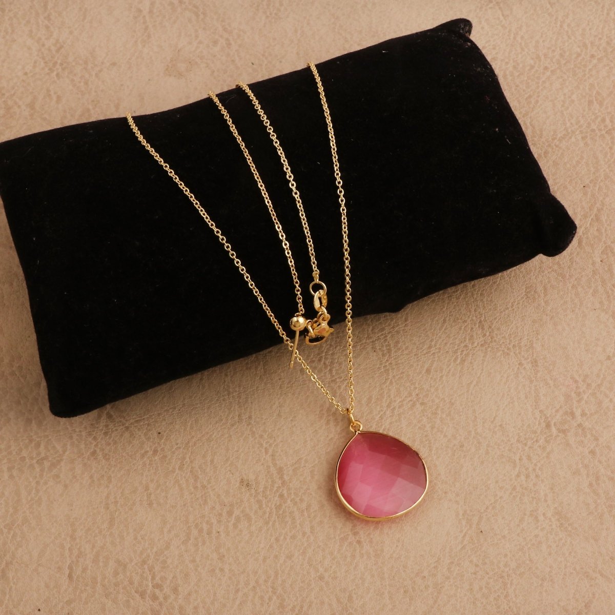 Black Onyx Pendant Necklace Teardrop Gemstone Gold Plated Chain Minimalist Necklace Pink Cat's Eye