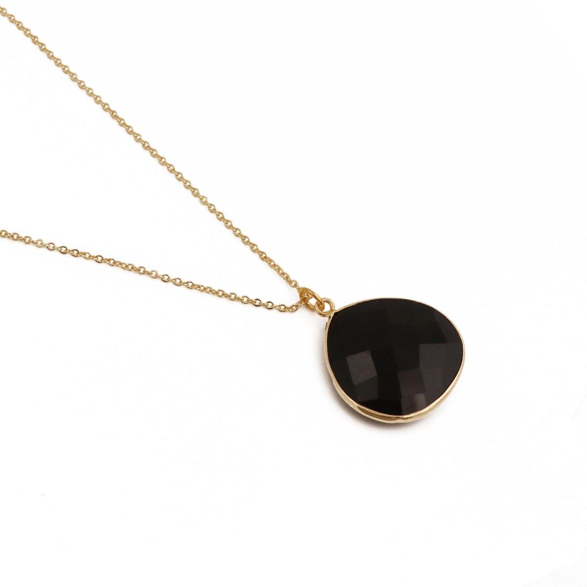 Black Onyx Pendant Necklace Teardrop Gemstone Gold Plated Chain Minimalist Necklace