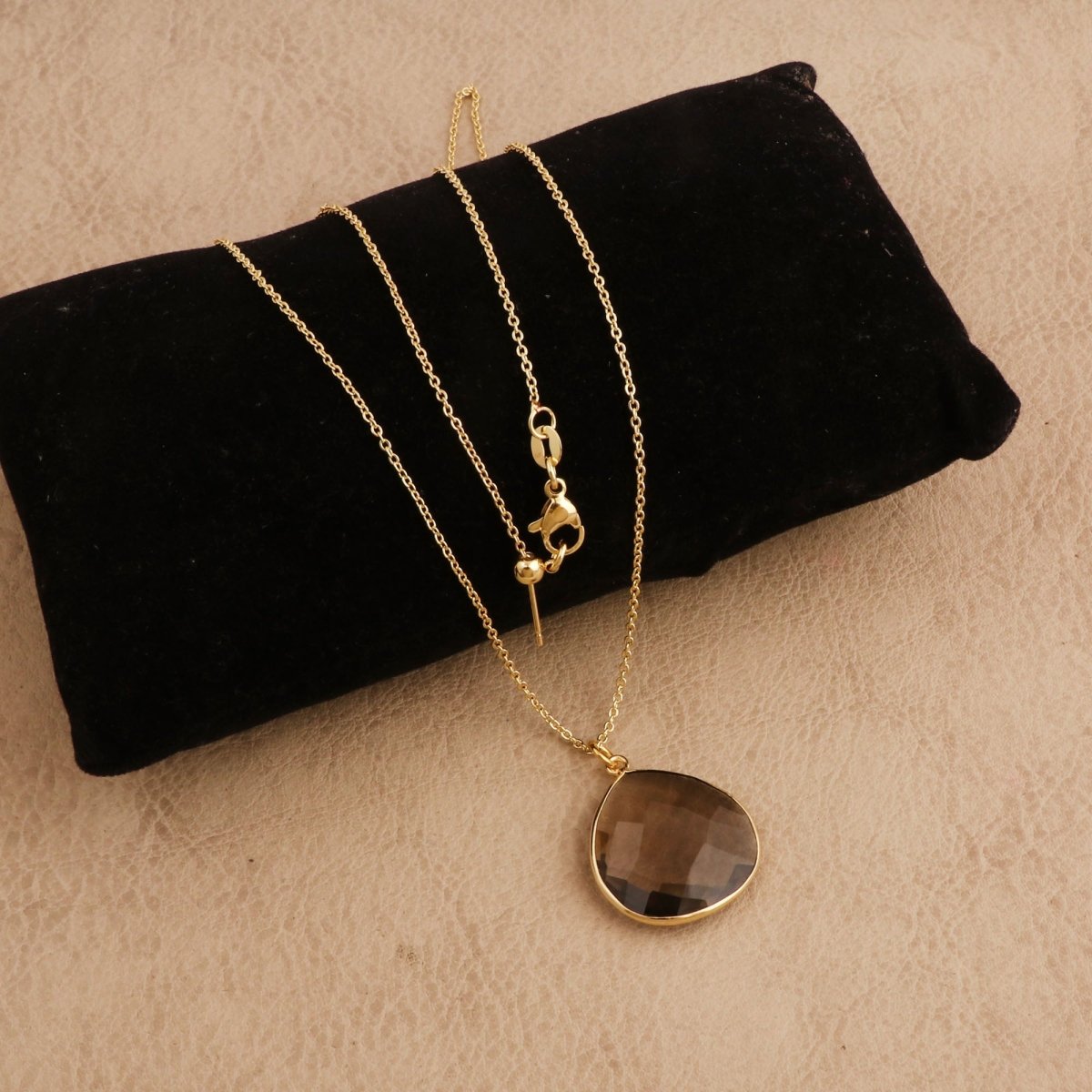 Black Onyx Pendant Necklace Teardrop Gemstone Gold Plated Chain Minimalist Necklace Smoky Quartz