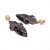 Black Onyx Statement Leaf Earrings with Gold Accents, Lightweight Dangle Earrings, Artistic Handmade Stud Push Back Jewelry. S