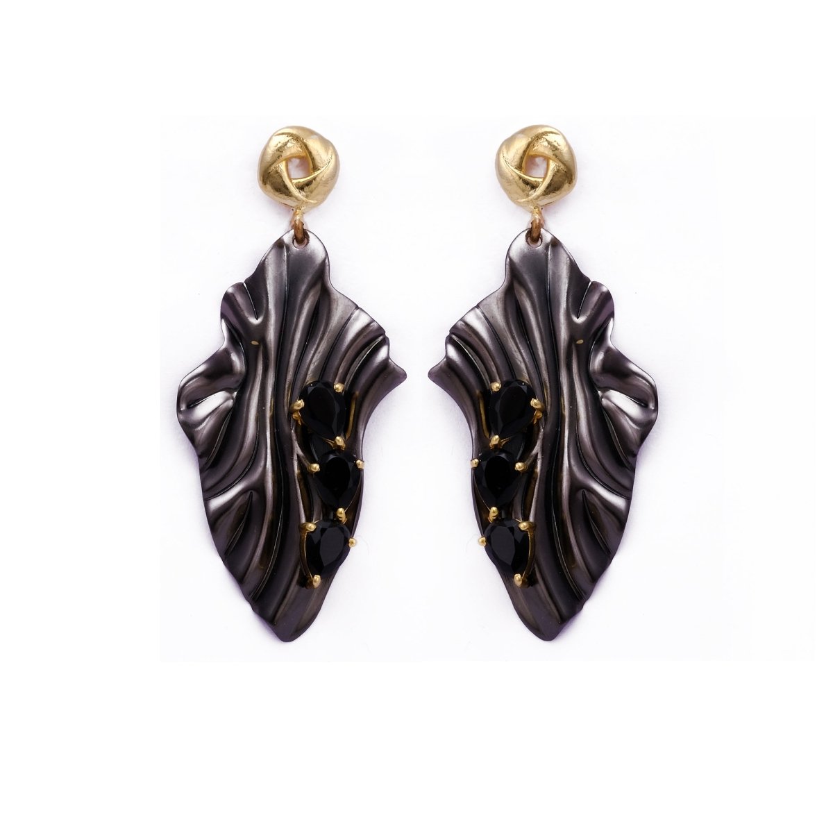 Black Onyx Statement Leaf Earrings with Gold Accents, Lightweight Dangle Earrings, Artistic Handmade Stud Push Back Jewelry. S