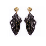 Black Onyx Statement Leaf Earrings with Gold Accents, Lightweight Dangle Earrings, Artistic Handmade Stud Push Back Jewelry. S