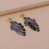 Black Onyx Statement Leaf Earrings with Gold Accents, Lightweight Dangle Earrings, Artistic Handmade Stud Push Back Jewelry. S