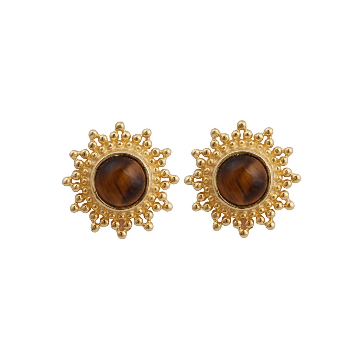 Black Onyx Stud Earrings Flower Design Round Gold Plated Push Back Stud Earring Jewelry