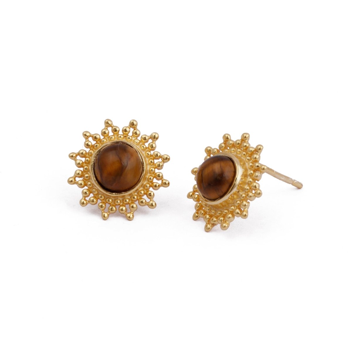 Black Onyx Stud Earrings Flower Design Round Gold Plated Push Back Stud Earring Jewelry Tiger Eye
