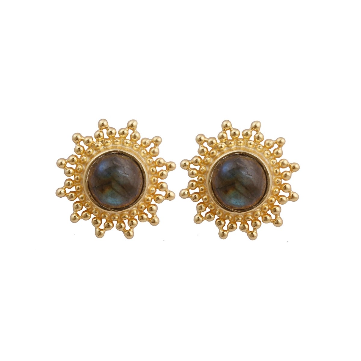 Black Onyx Stud Earrings Flower Design Round Gold Plated Push Back Stud Earring Jewelry
