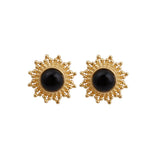 Black Onyx Stud Earrings Flower Design Round Gold Plated Push Back Stud Earring Jewelry