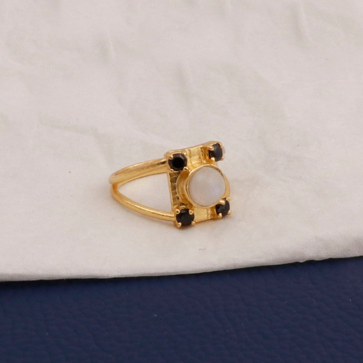 Black Spinel & Rainbow Moonstone Ring Gold Plated Geometric Ring