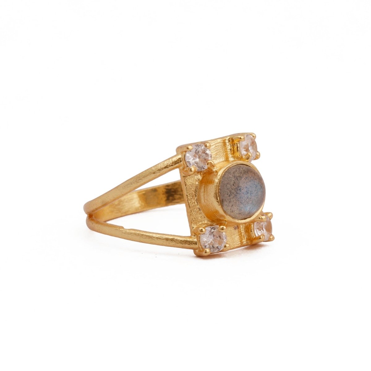 Black Spinel & Rainbow Moonstone Ring Gold Plated Geometric Ring Labradorite