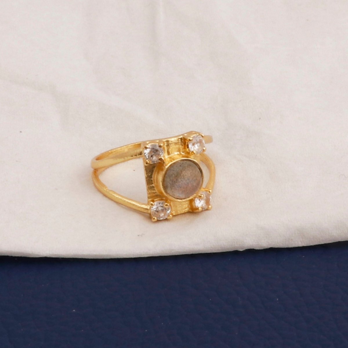 Black Spinel & Rainbow Moonstone Ring Gold Plated Geometric Ring