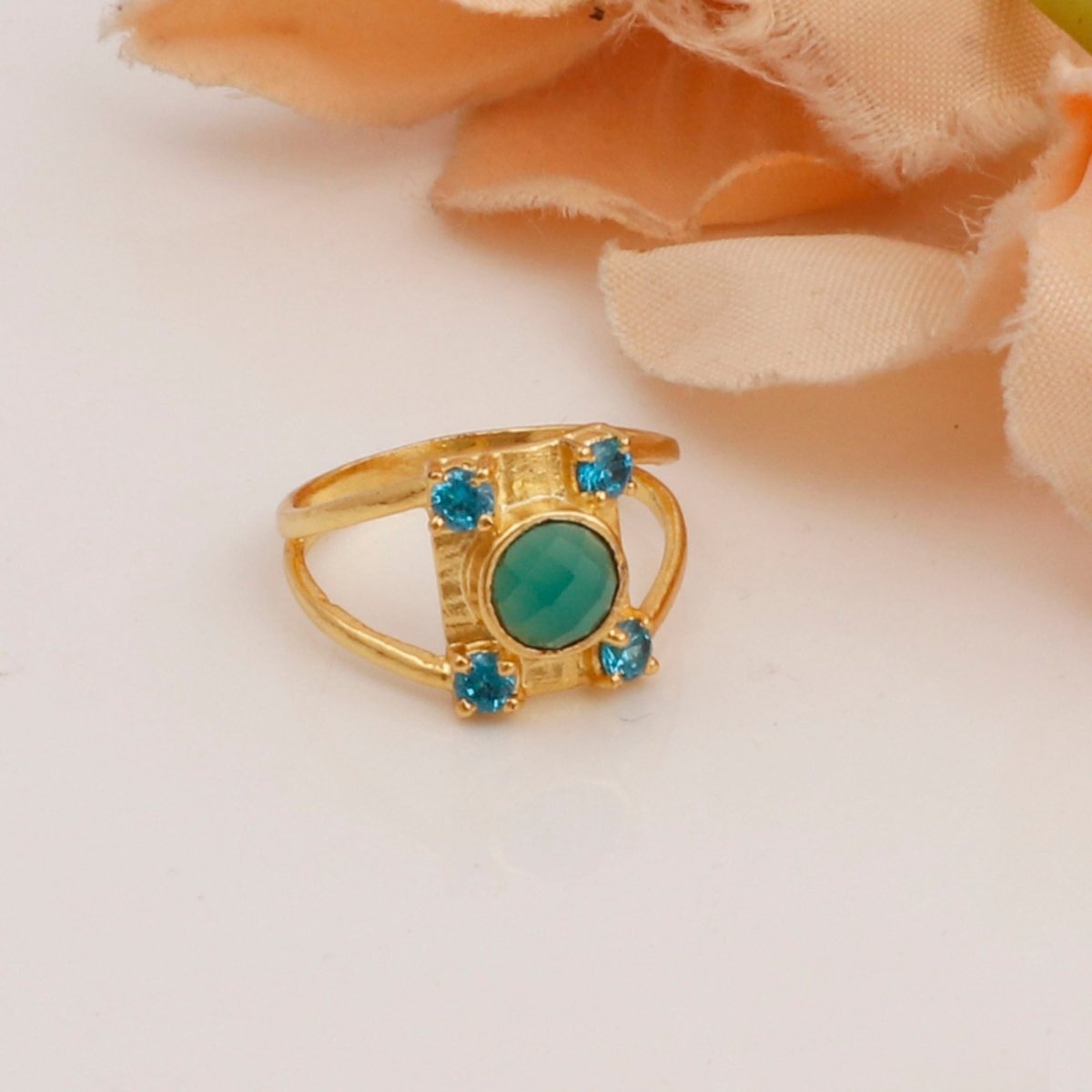 Black Spinel & Rainbow Moonstone Ring Gold Plated Geometric Ring