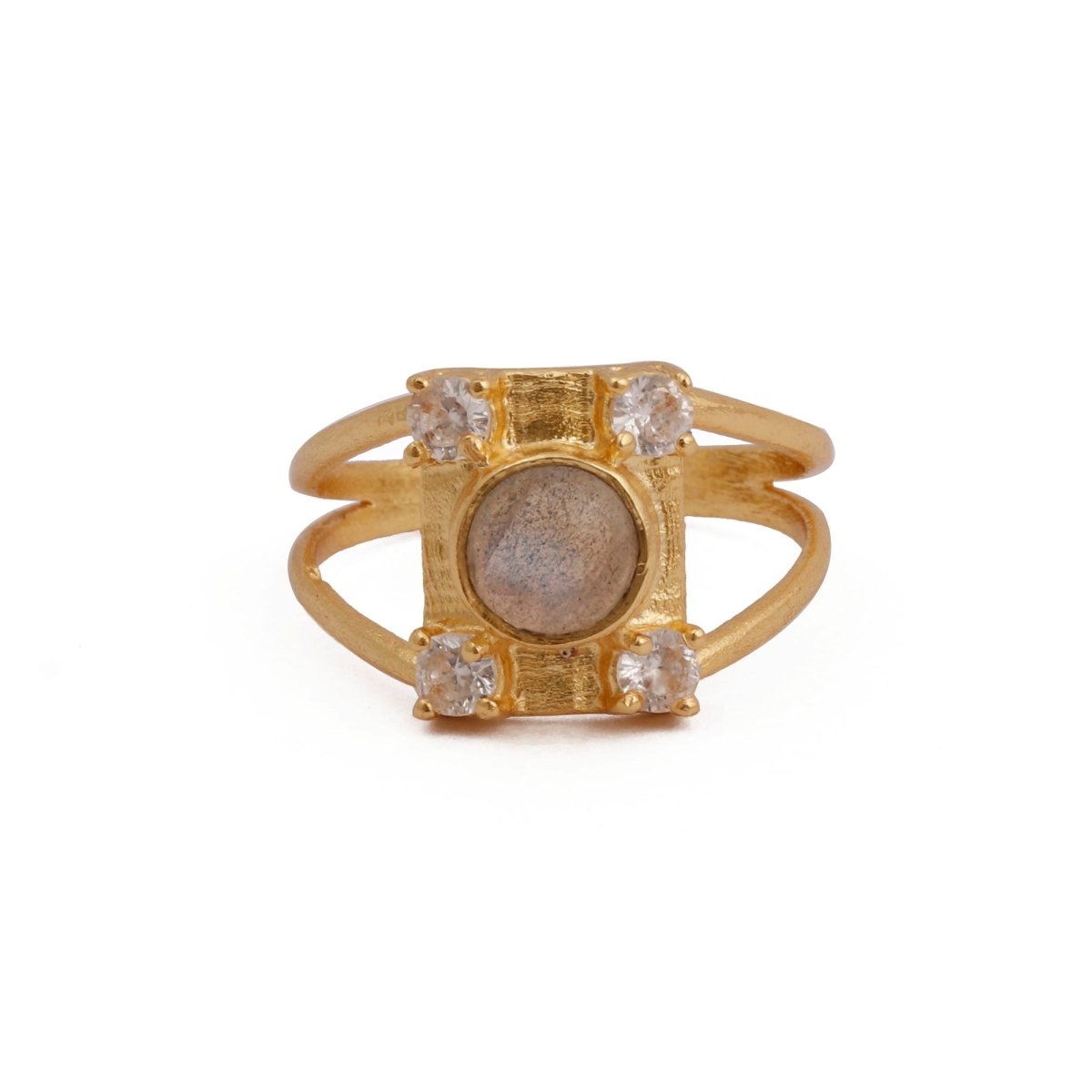 Black Spinel & Rainbow Moonstone Ring Gold Plated Geometric Ring