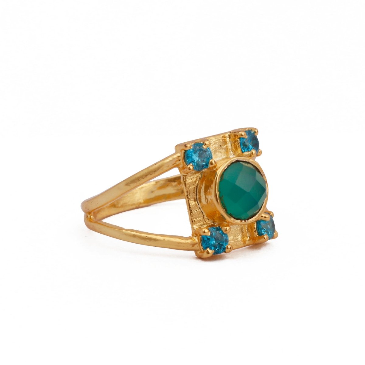 Black Spinel & Rainbow Moonstone Ring Gold Plated Geometric Ring Green Onyx