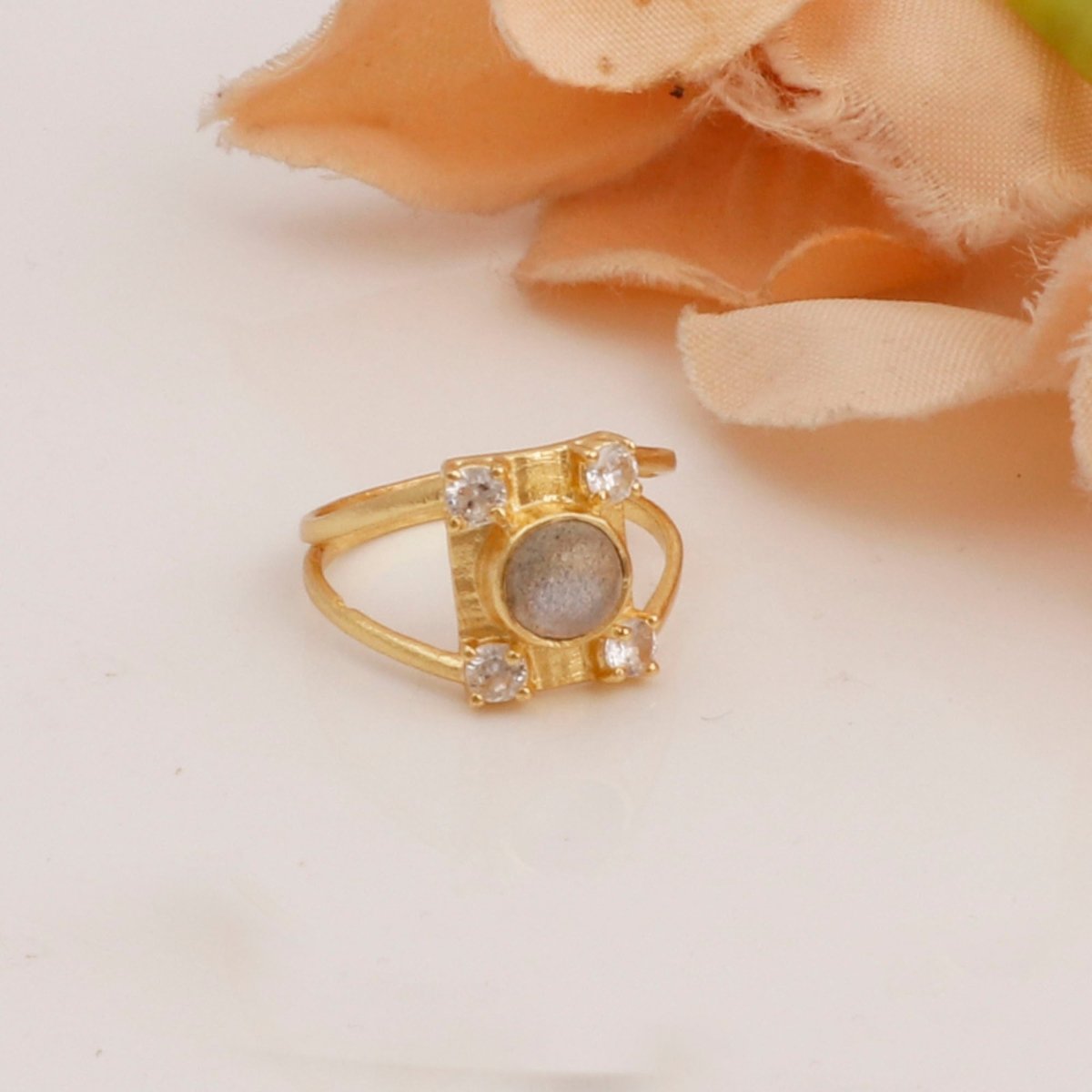 Black Spinel & Rainbow Moonstone Ring Gold Plated Geometric Ring