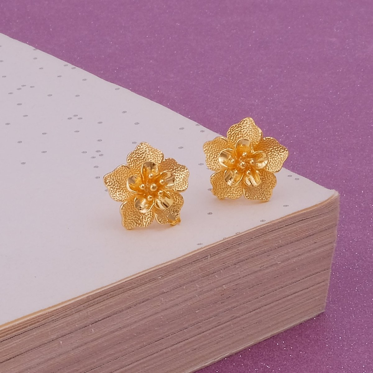 Bloom Gold Plated Flower Textured Petal Design Stud Earrings