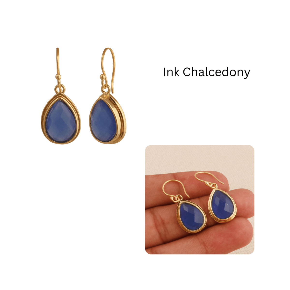 Blue Chalcedony Dangle Drop Hook Earrings, Minimalist Birthstone Jewelry CE - 1035