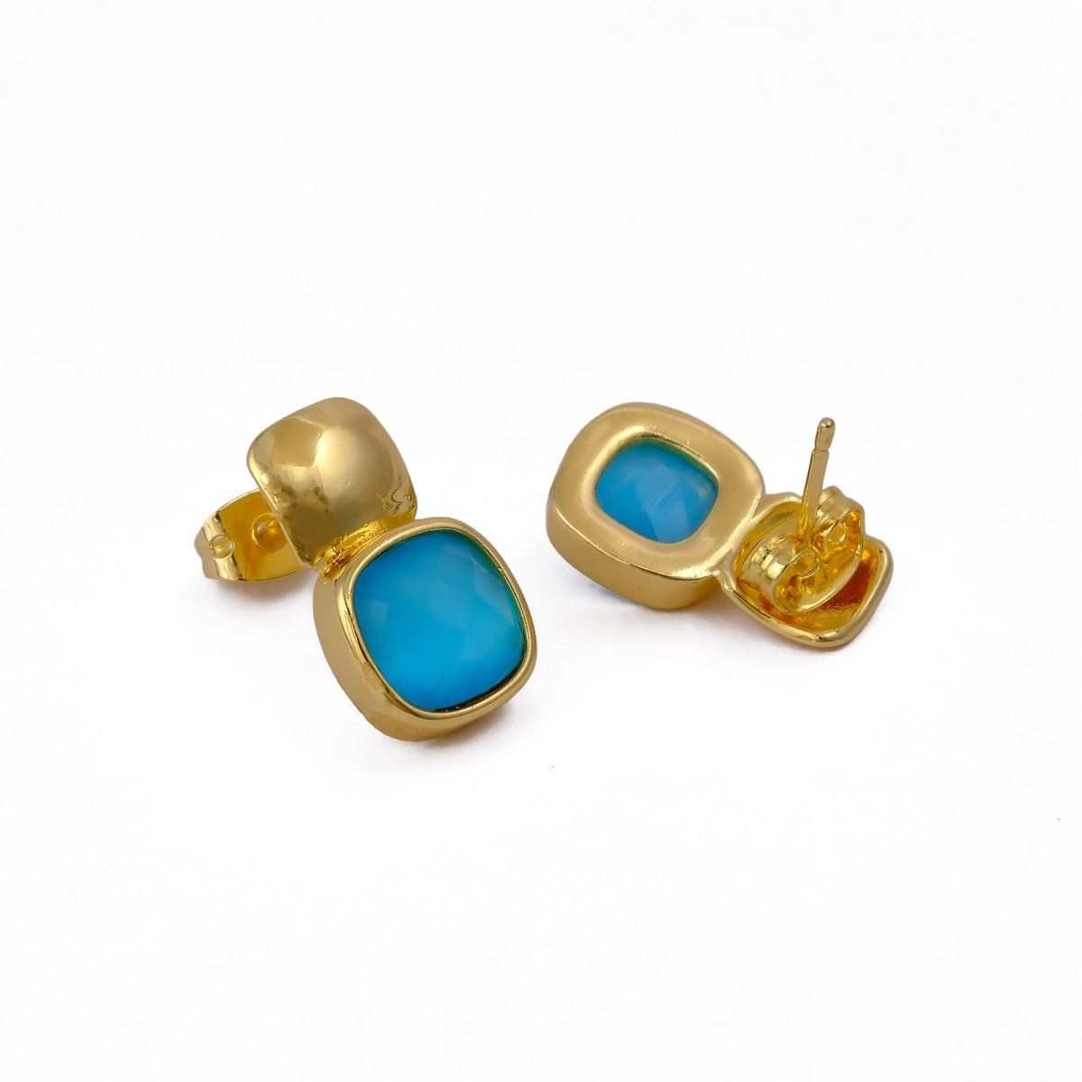 Blue Chalcedony Gemstone Cushion Shape Stud Earrings, Gold Plated Jewelry CE - 1033