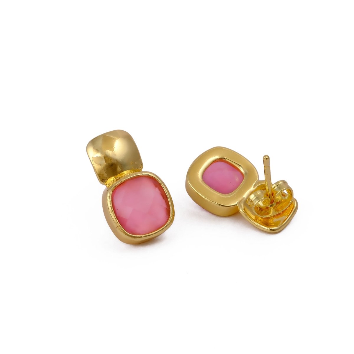 Blue Chalcedony Gemstone Cushion Shape Stud Earrings, Gold Plated Jewelry CE - 1033