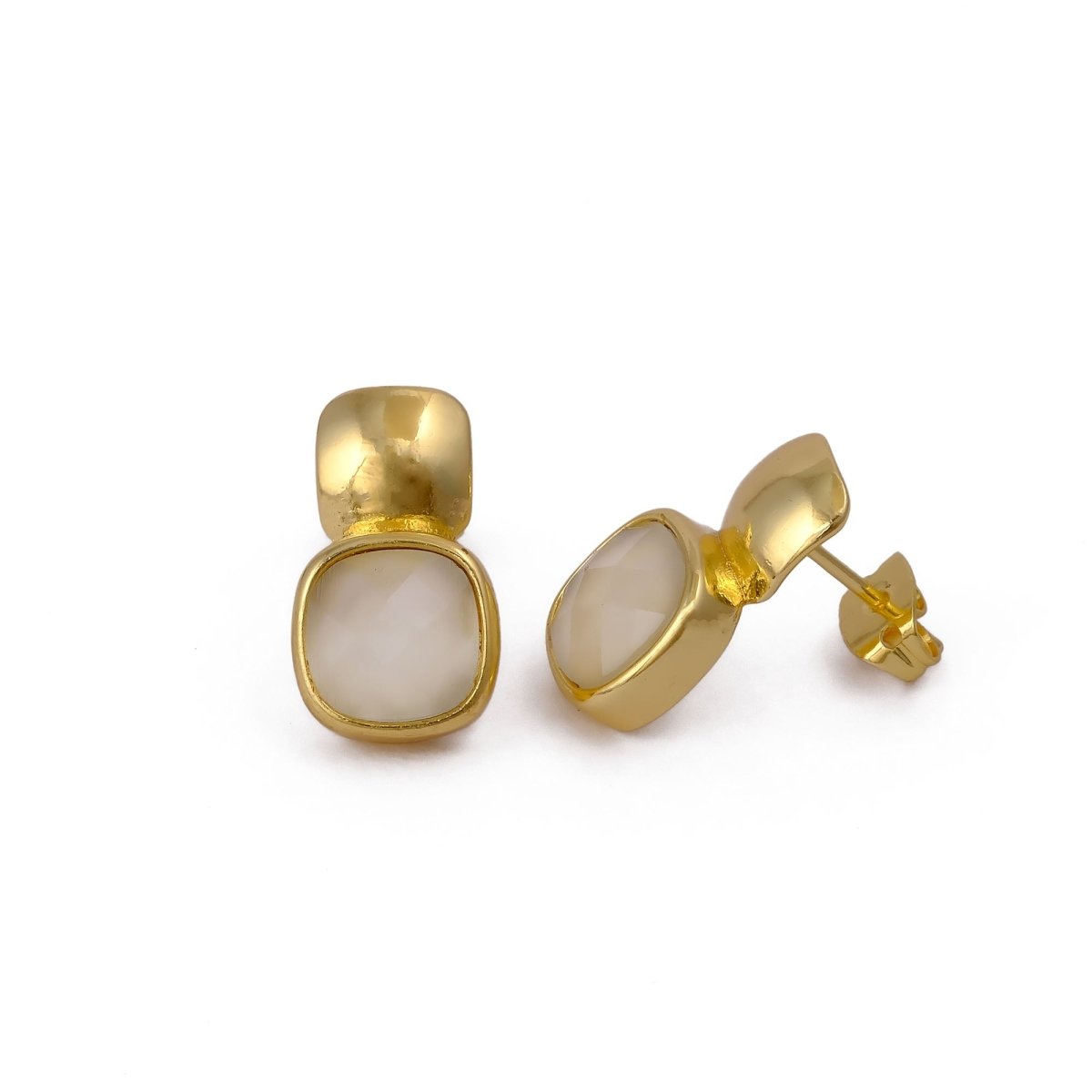 Blue Chalcedony Gemstone Cushion Shape Stud Earrings, Gold Plated Jewelry CE - 1033