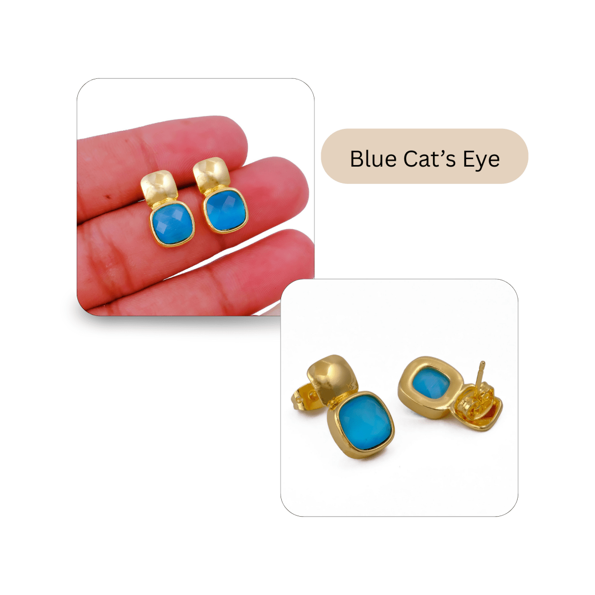 Blue Chalcedony Gemstone Cushion Shape Stud Earrings, Gold Plated Jewelry CE - 1033