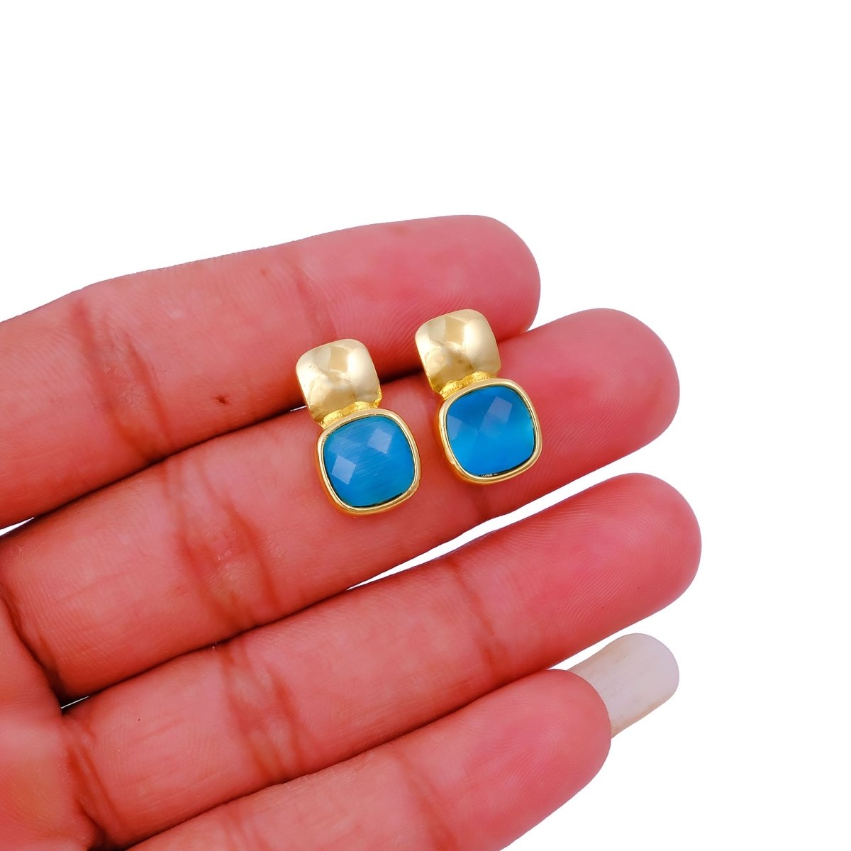 Blue Chalcedony Gemstone Cushion Shape Stud Earrings, Gold Plated Jewelry CE - 1033