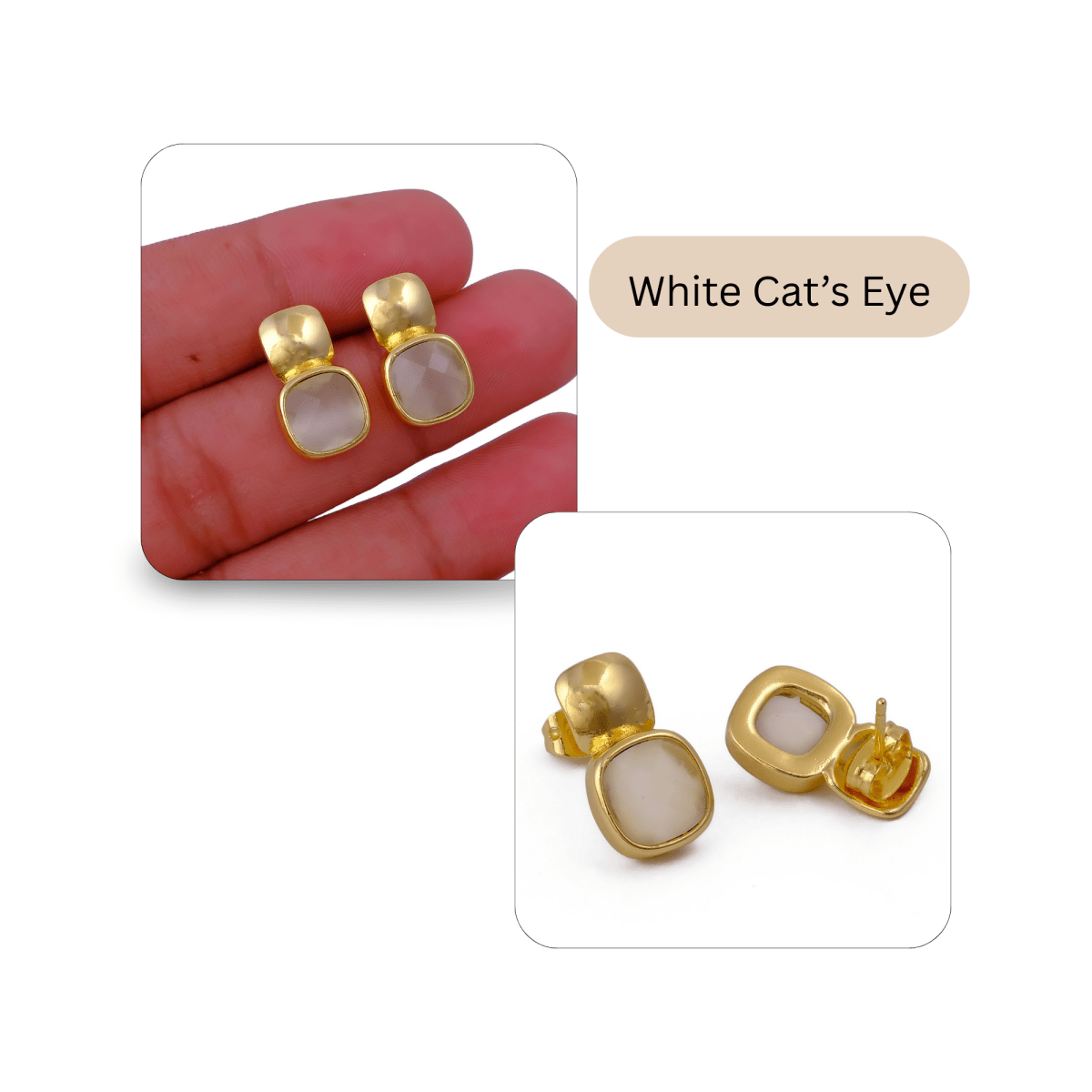 Blue Chalcedony Gemstone Cushion Shape Stud Earrings, Gold Plated Jewelry CE - 1033