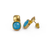 Blue Chalcedony Gemstone Cushion Shape Stud Earrings, Gold Plated Jewelry CE - 1033
