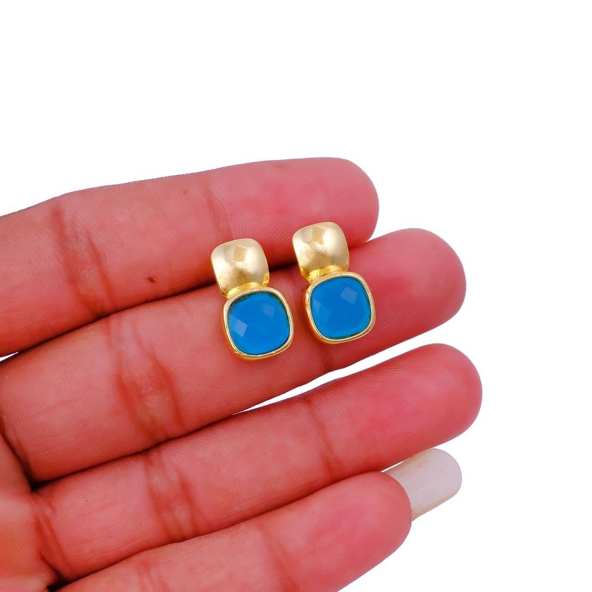 Blue Chalcedony Gemstone Cushion Shape Stud Earrings, Gold Plated Jewelry CE - 1033