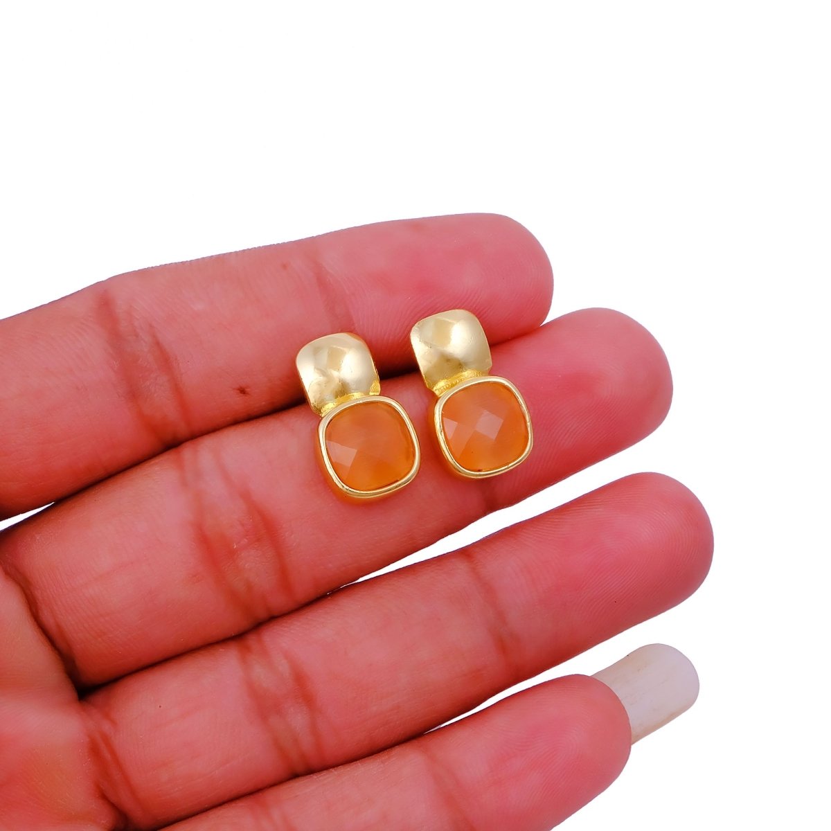 Blue Chalcedony Gemstone Cushion Shape Stud Earrings, Gold Plated Jewelry CE - 1033
